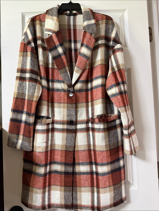Jackets & Blazers - Plaid Long Notch Collar Coat - Rust & Cream
